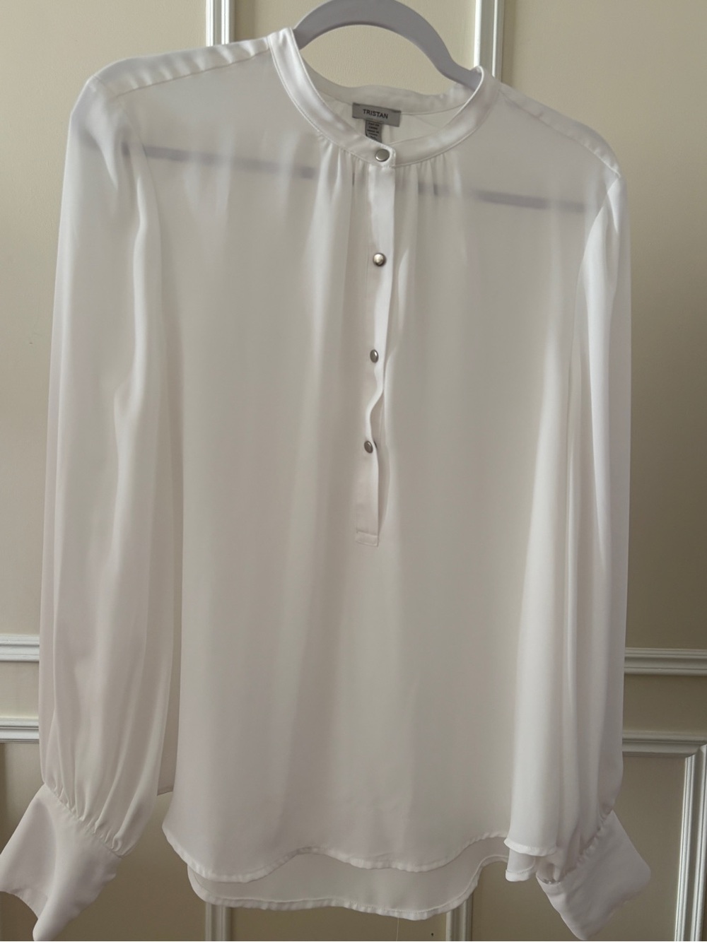 Tristan White Long-Sleeve Band-Collar Button Shirt